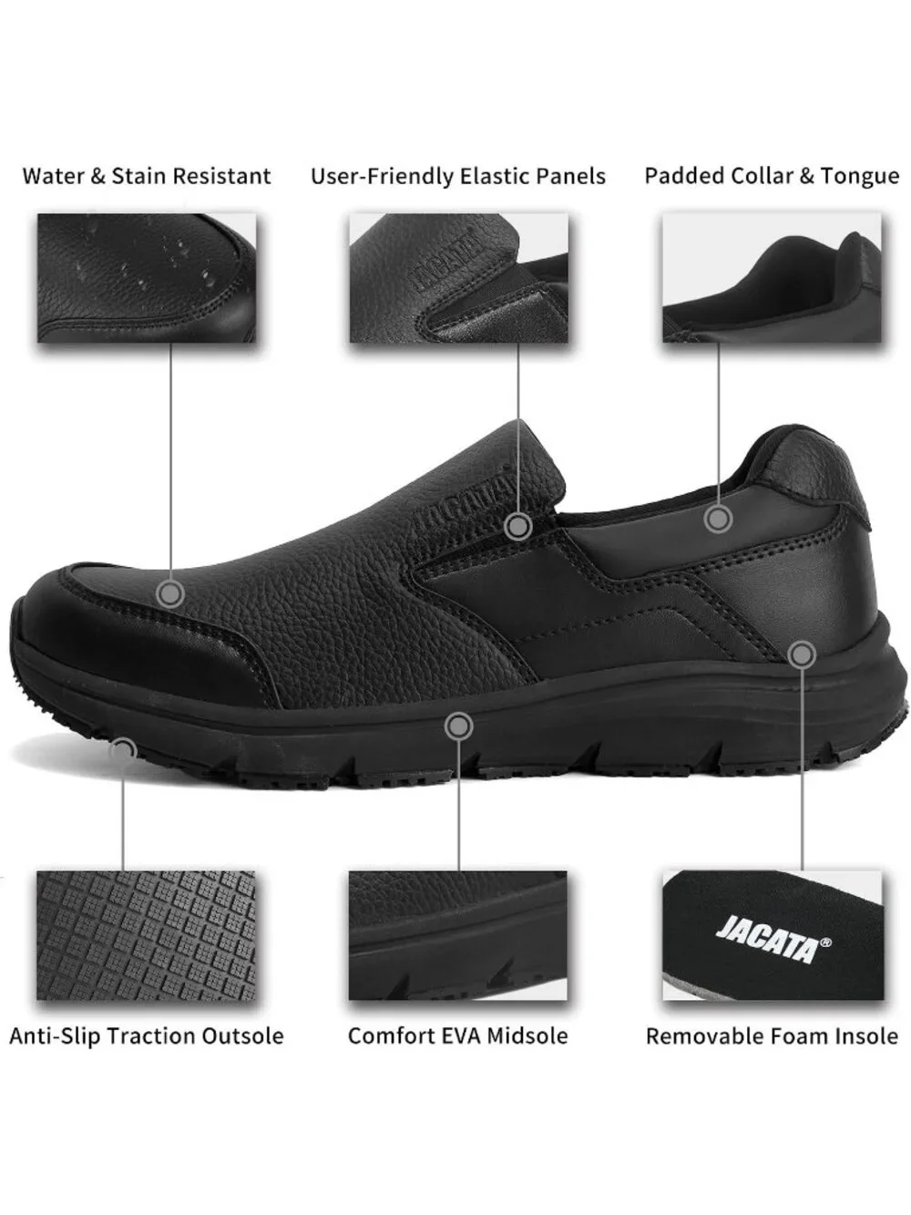 Jacata Men's Black Faux Leather Slip On Water Resistant Non Slip Walk Sneakers